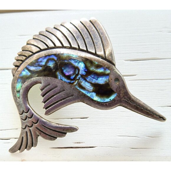 Jewelry - Vintage Mexican Sterling Silver Abalone Marlin Swordfish Brooch Pin Signed